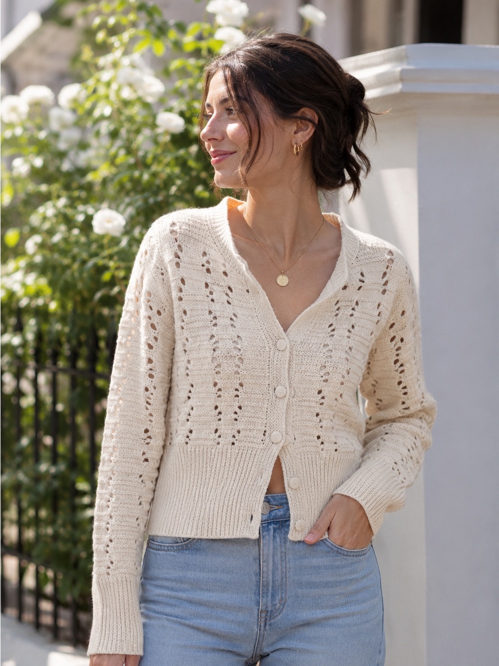 SELF ESTEEM Polyester Cream Knit Cutout Boho Cozy Cardigan Size XS